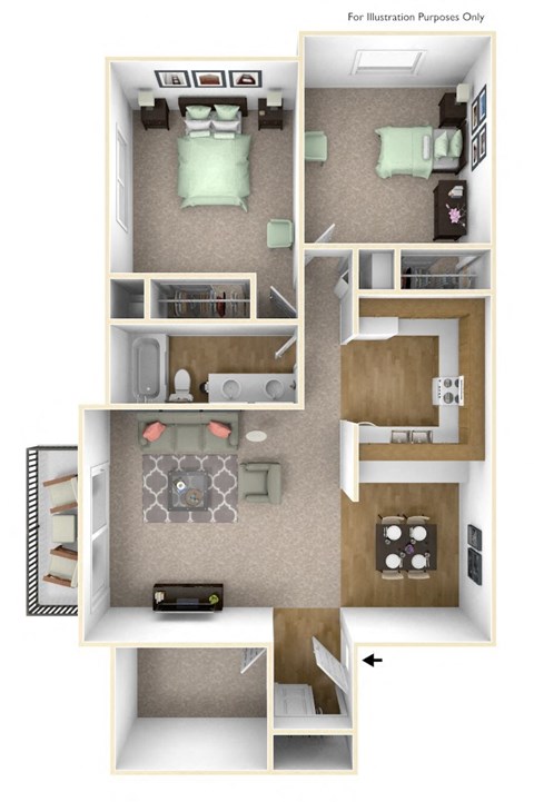 Floor plan for 2 beds, 1 bath, 950 sqft